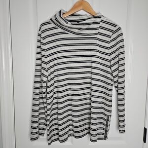 Talbots Cozy Velour Cowl Neck Tunic Top Size XL Womens Black Gray Cream Stripe S